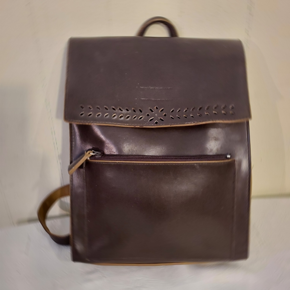Mondani Brown Taylored Backpack Hook Loop Closure Casual Laser Cutouts